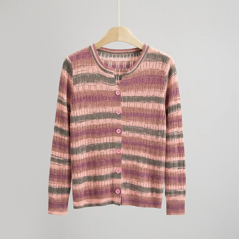 Sofia Amoretti Arcobaleno multicolor striped lightweight knit cardigan with painterly rainbow texture