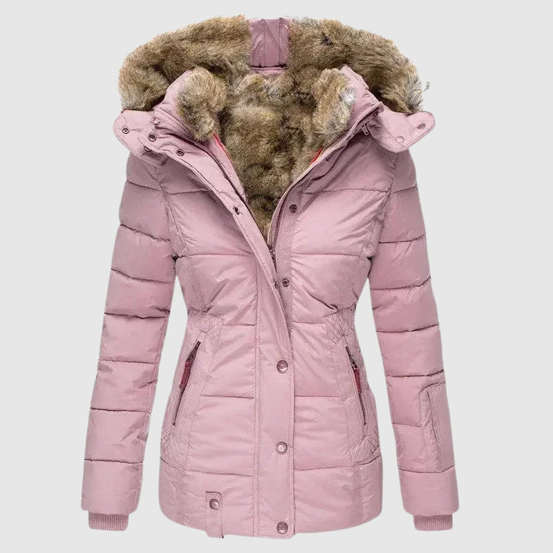 Sofia Amoretti Arctic women's hooded jacket in neutral tones, polished cotton-poly blend silhouette