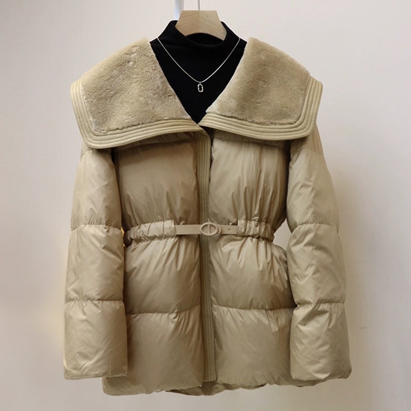 White puffer down jacket with oversized velvet collar, cinched waist belt, flattering silhouette