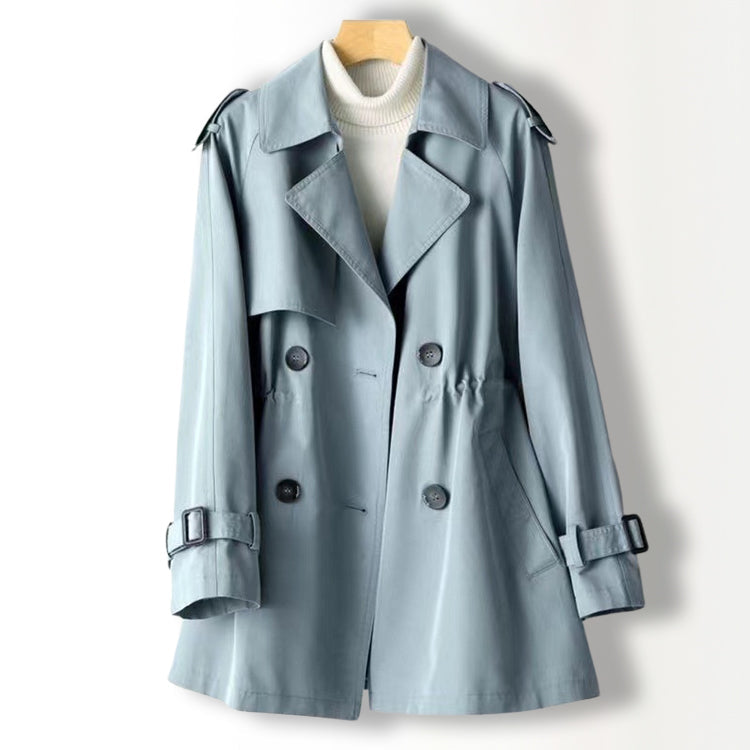 Lightweight khaki trench coat with flattering lapel and long sleeves in soft polyester blend