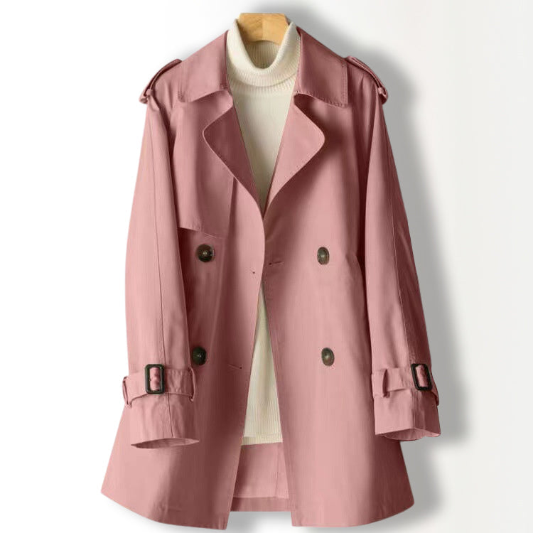 Lightweight khaki trench coat with flattering lapel and long sleeves, soft polyester blend for fall layering
