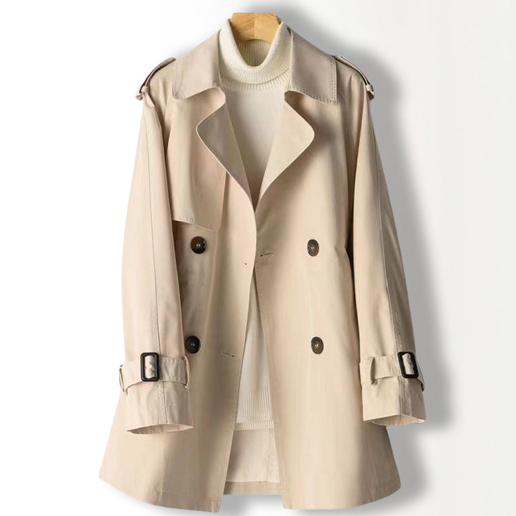 Lightweight khaki pink trench coat with flattering lapel and long sleeves for elegant fall layering