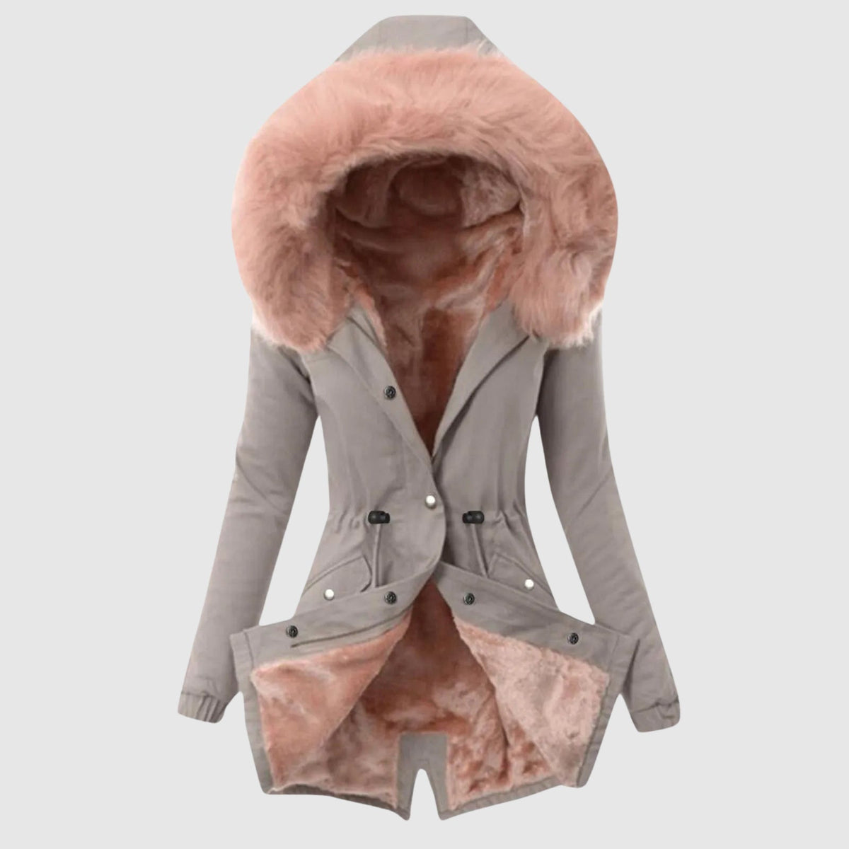 Women's fleece parka in cozy cut with hood, zipper closure, and button details for chilly evenings