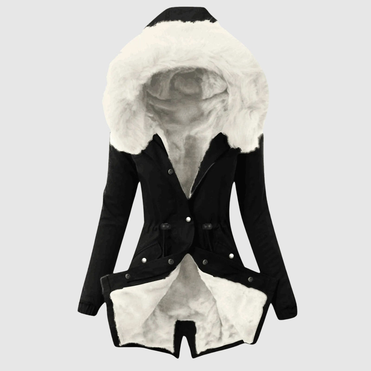 Women's cozy fleece parka with hood, zipper closure, and button details in classic relaxed fit