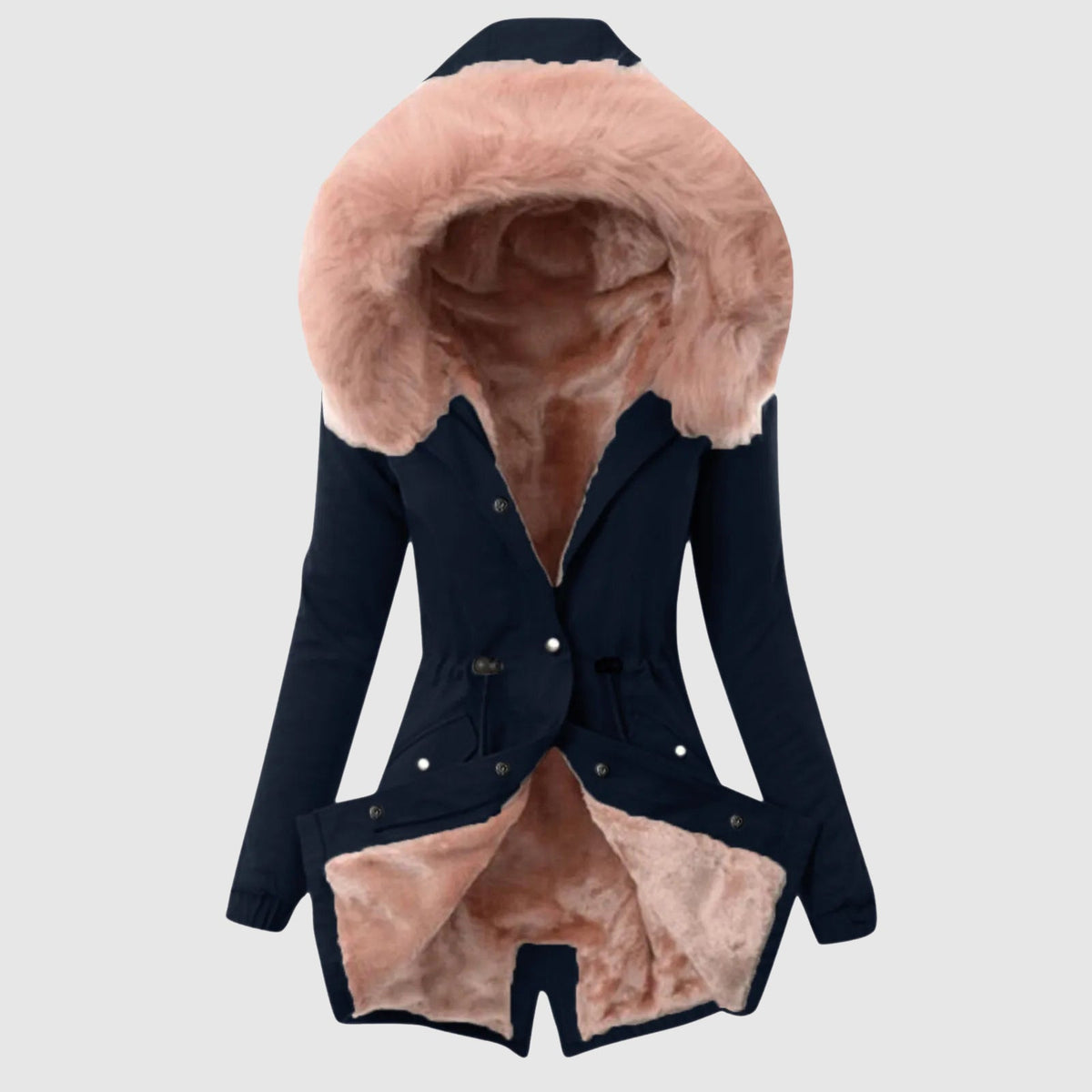 Women's beige fleece parka with hood, zipper closure, and chic button details for casual style
