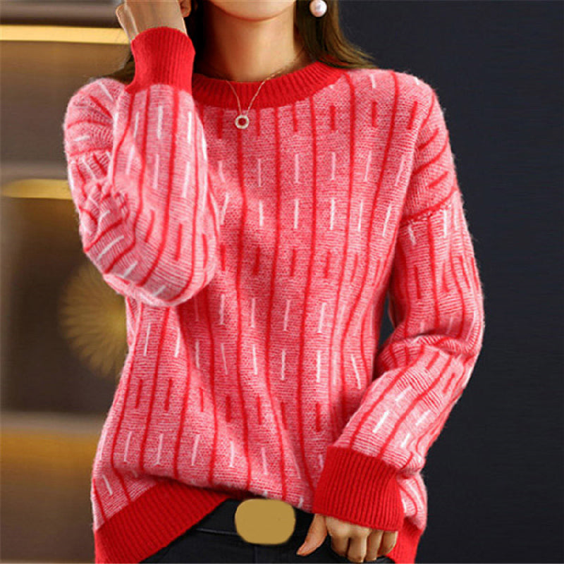 Sofia Amoretti Florence retro wool-blend sweater with vertical geometric multicolor pattern, relaxed oversized fit