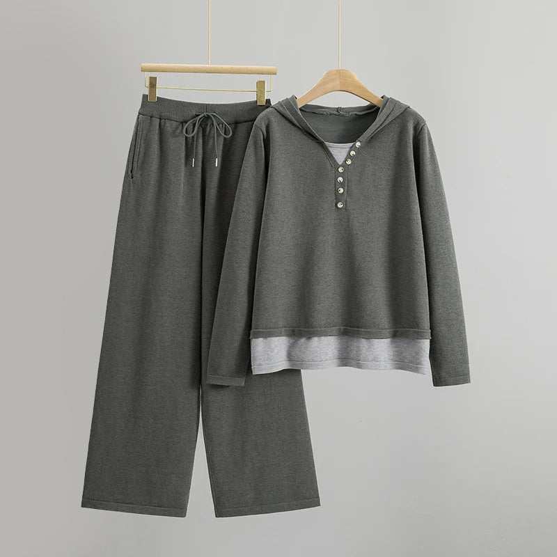 Sofia Amoretti soft knit tracksuit set with relaxed hoodie and wide-leg trousers in neutral tones