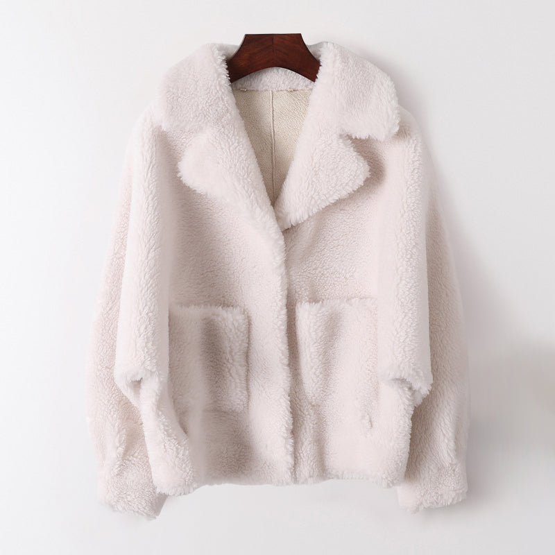 Ivory plush wool blend faux shearling coat with refined lapel collar, luxe sophisticated winter style