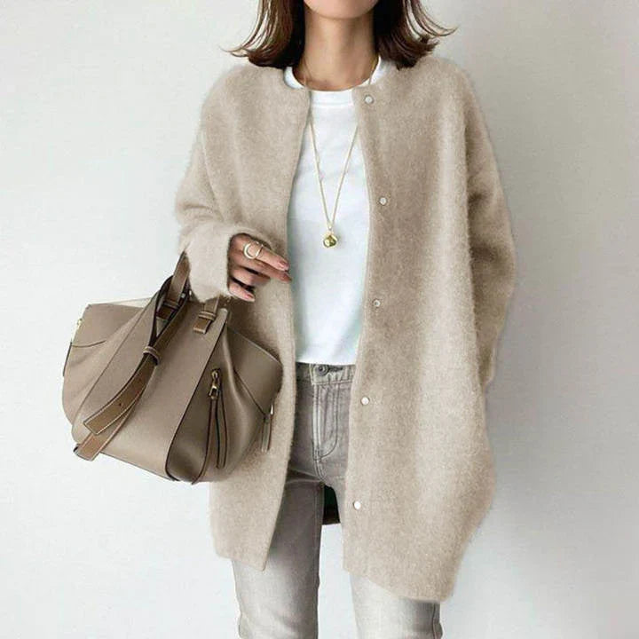Women's oversized wool blend cardigan mid-length button front cozy layering style