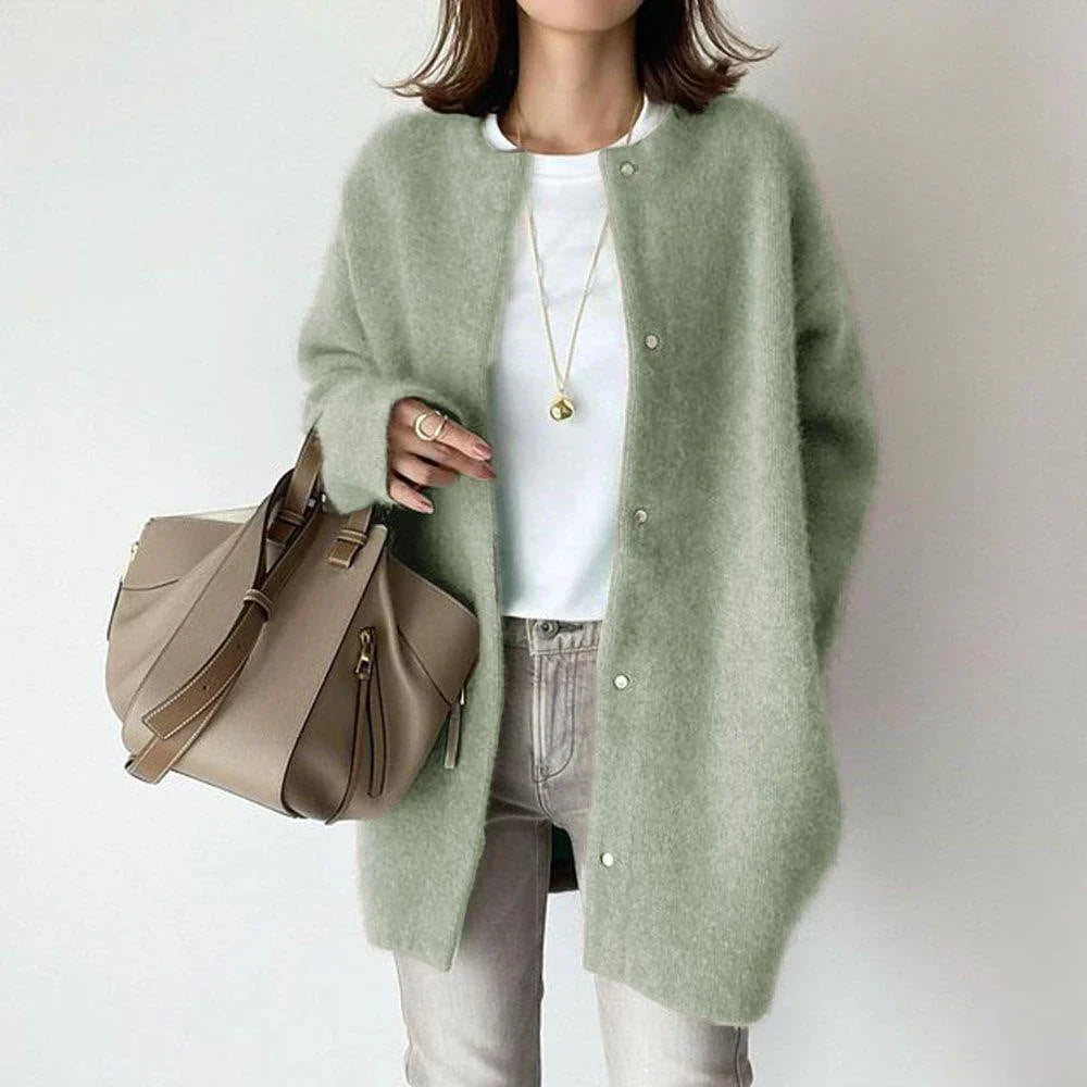 Women's oversized wool blend cardigan mid-length button front cozy layering style