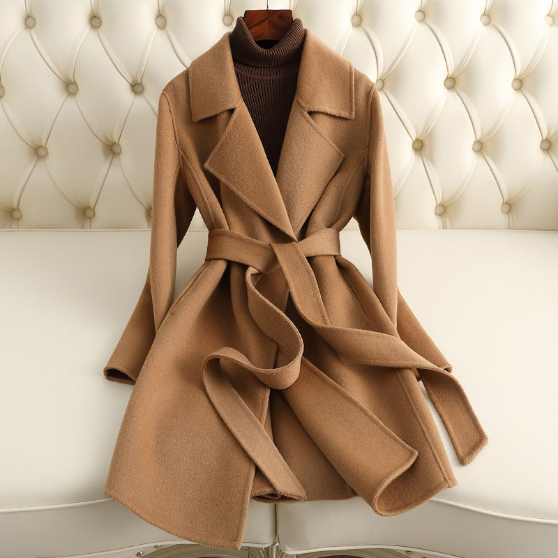 Sofia Amoretti luxe wool coat with chic lapel collar and deep V-neck in timeless elegant silhouette