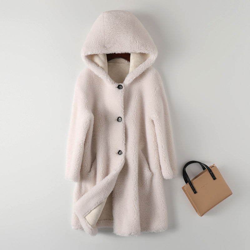 Women's camel oversized teddy coat hooded button-front mid-length plush outerwear