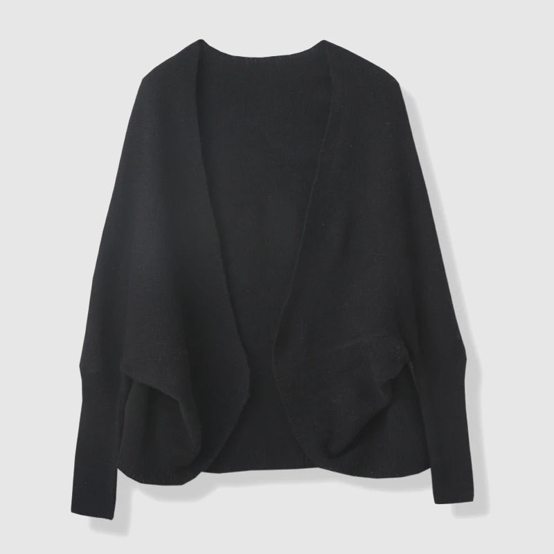 Sofia Amoretti cream merino wool cardigan with versatile shawl wrap design and relaxed silhouette