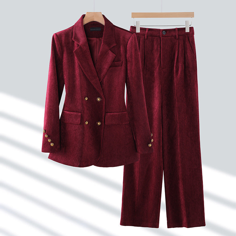 Black tailored double-breasted blazer and wide-leg trousers set with gold-tone buttons