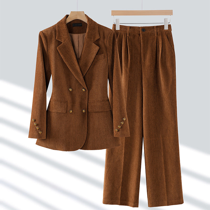 Black tailored double-breasted blazer and wide-leg trousers set with gold-tone buttons