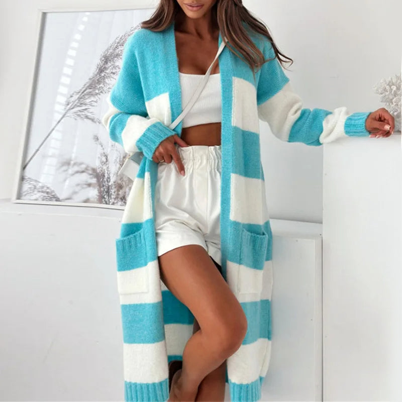 Relaxed open-front striped cardigan in plush polyester with ribbed hem and extra-long silhouette
