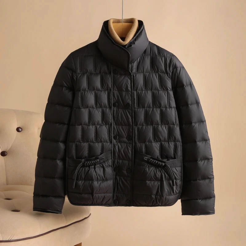 Sofia Amoretti Serene white duck down jacket sleek broadcloth exterior refined après-ski silhouette