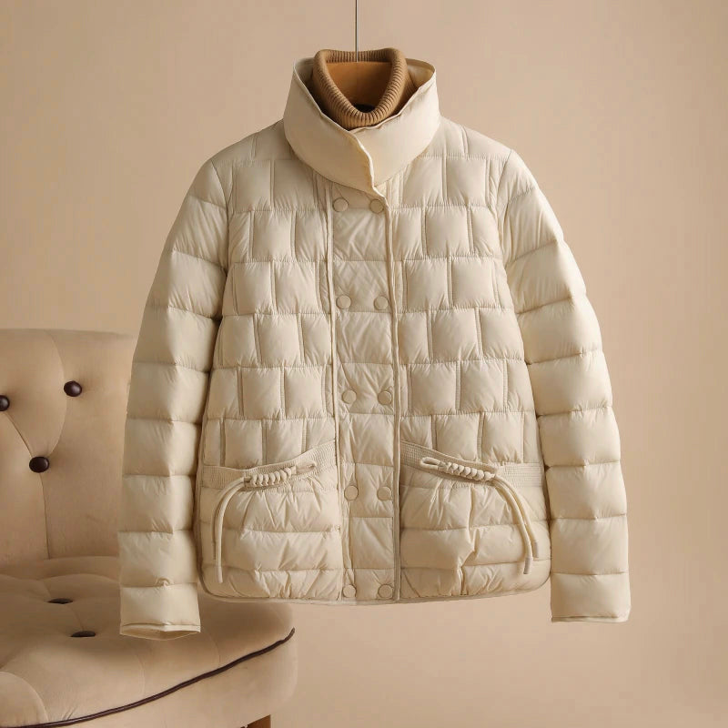 Sofia Amoretti Serene white duck down jacket sleek broadcloth silhouette luxury après-ski coat