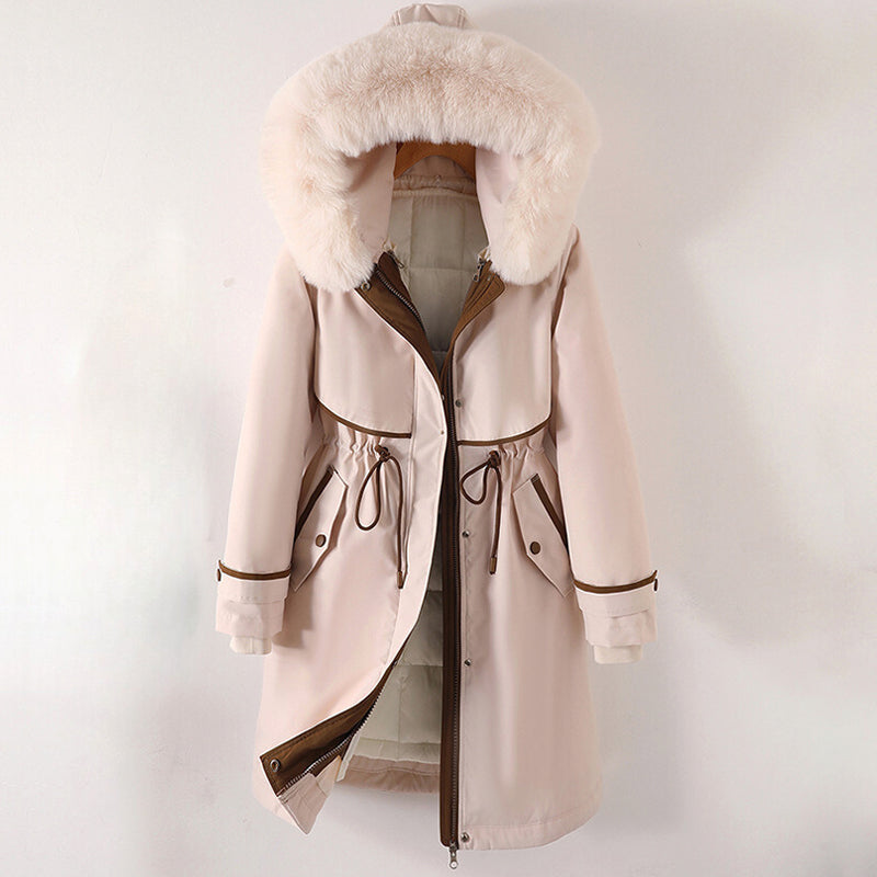 Women's white plush faux fur hood coat with drawstring waist, Snow Princess style warm winter outerwear