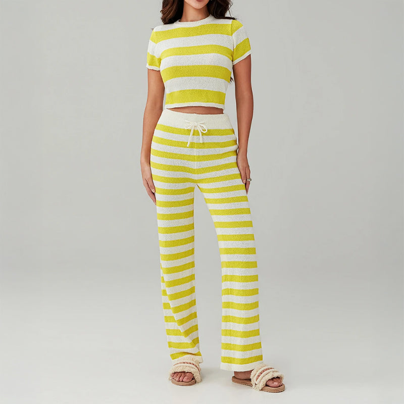 Sofia Amoretti striped knit 2-piece set with fitted short-sleeve top, breathable cotton blend coordinated outfit