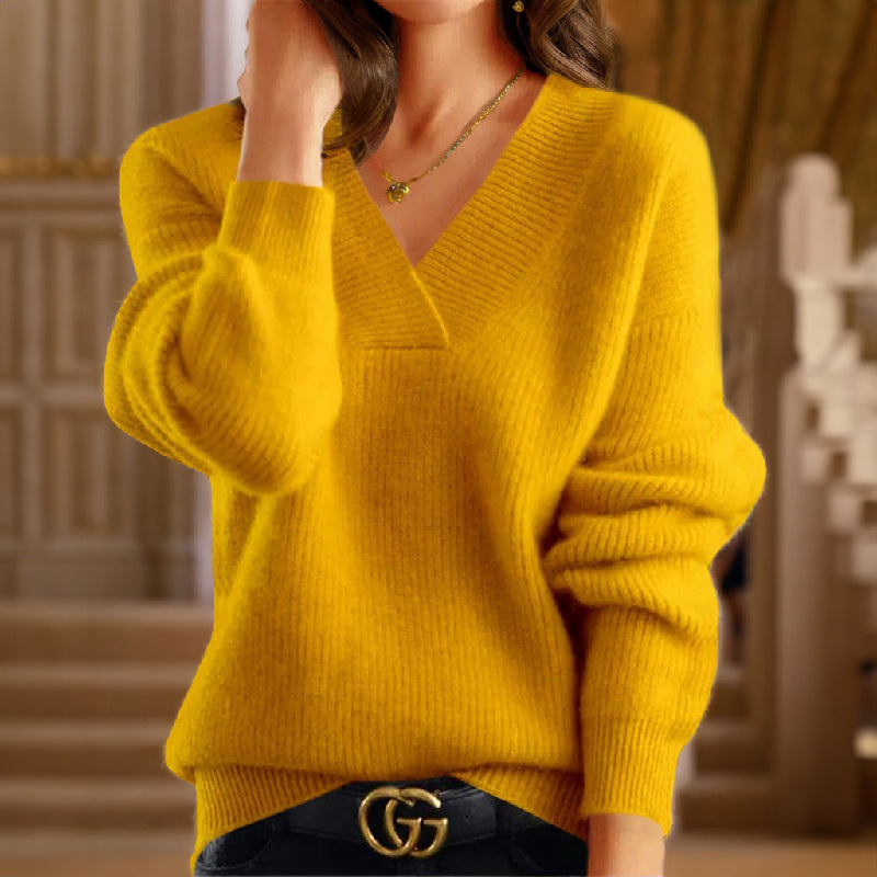 Sky blue chunky knit V-neck sweater women relaxed fit soft wool blend cozy refined style