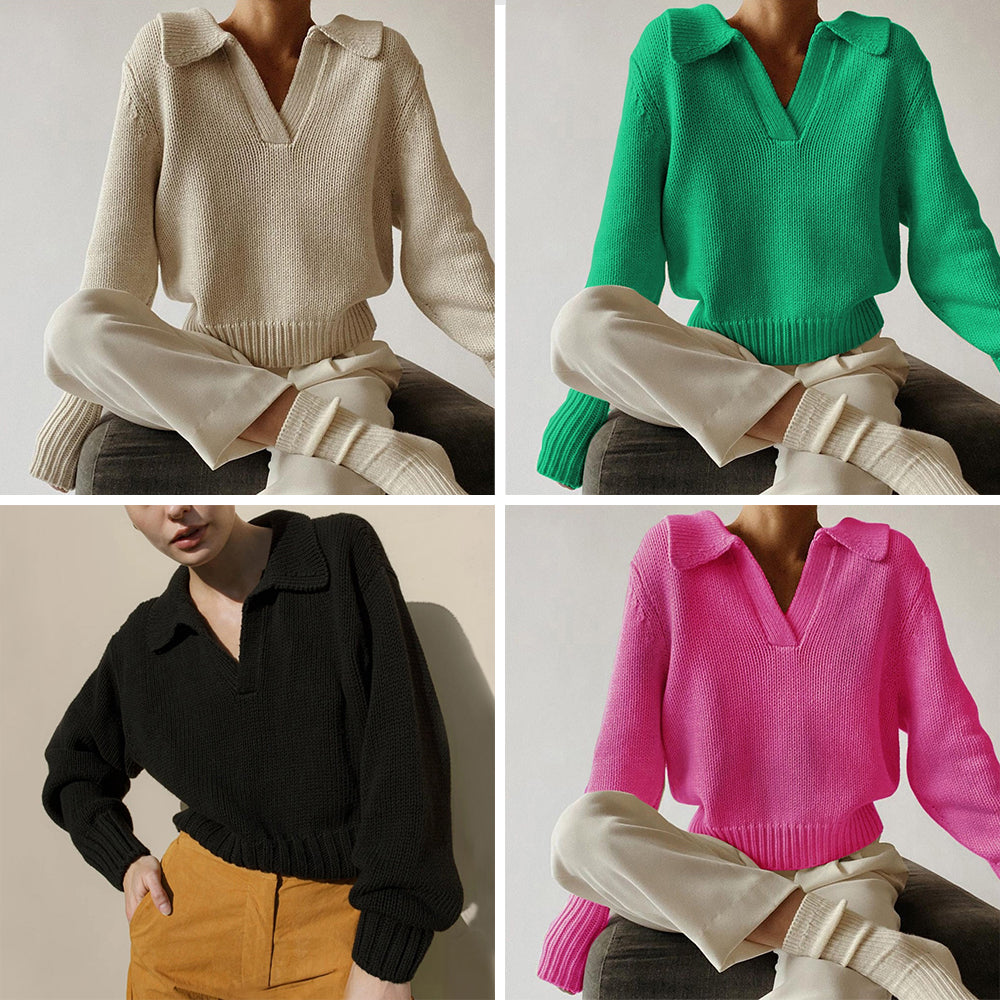Cream loose-fit knit sweater with bold lapel collar and irregular design, cotton-spandex blend