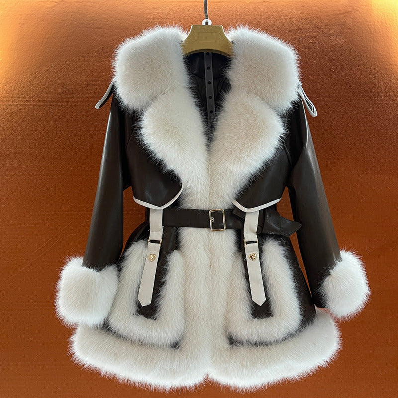 Elegant structured faux fur trim coat with belted waist in rich winter tones, collar and cuff detail
