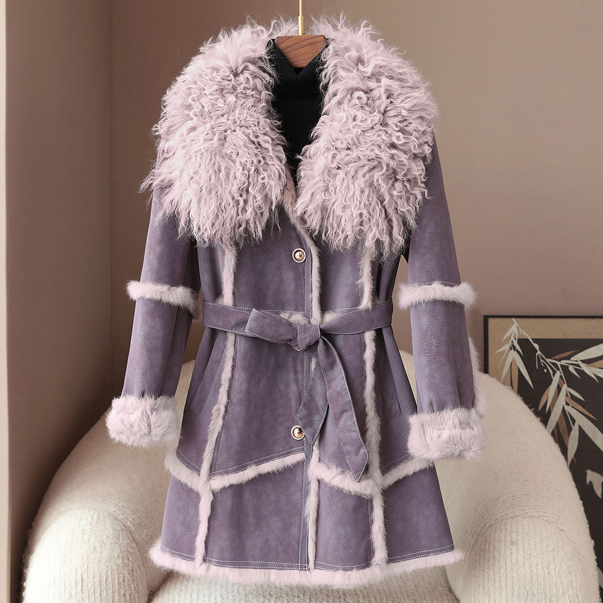 Ivory rabbit fur belted wool coat with cloud-soft texture and old-world glamour silhouette