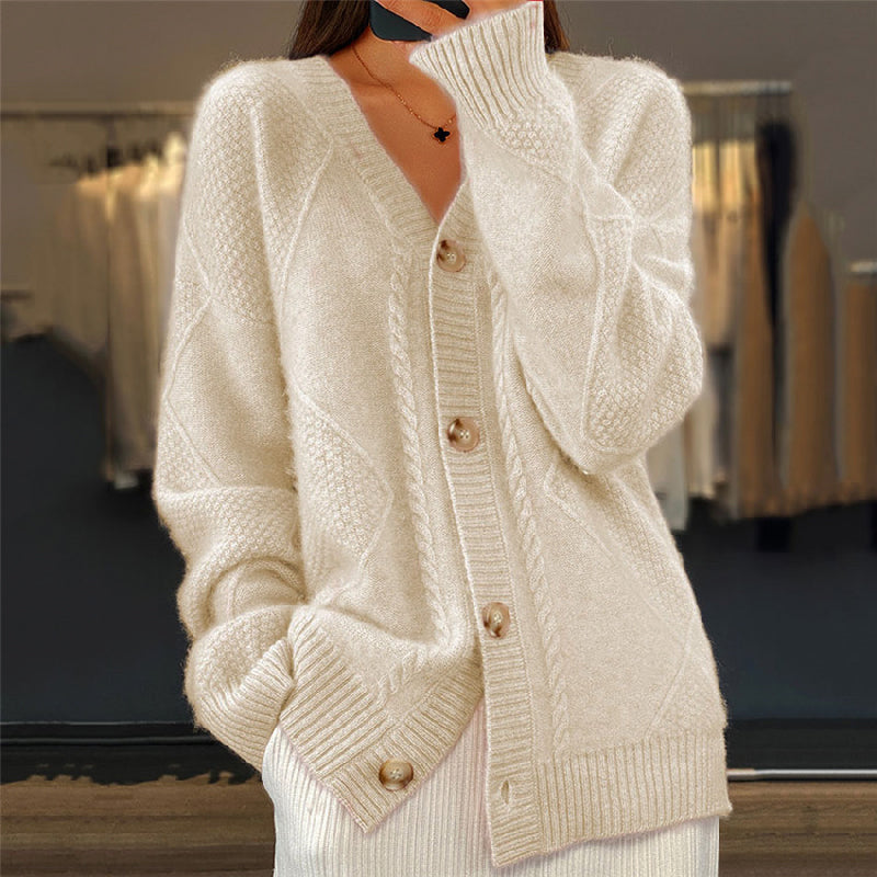 Soft pink cable knit cardigan relaxed fit V-neckline opalescent buttons premium wool