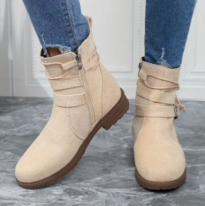 Women's soft-brushed fabric ankle boots in neutral tone, sleek everyday style with cushioned comfort