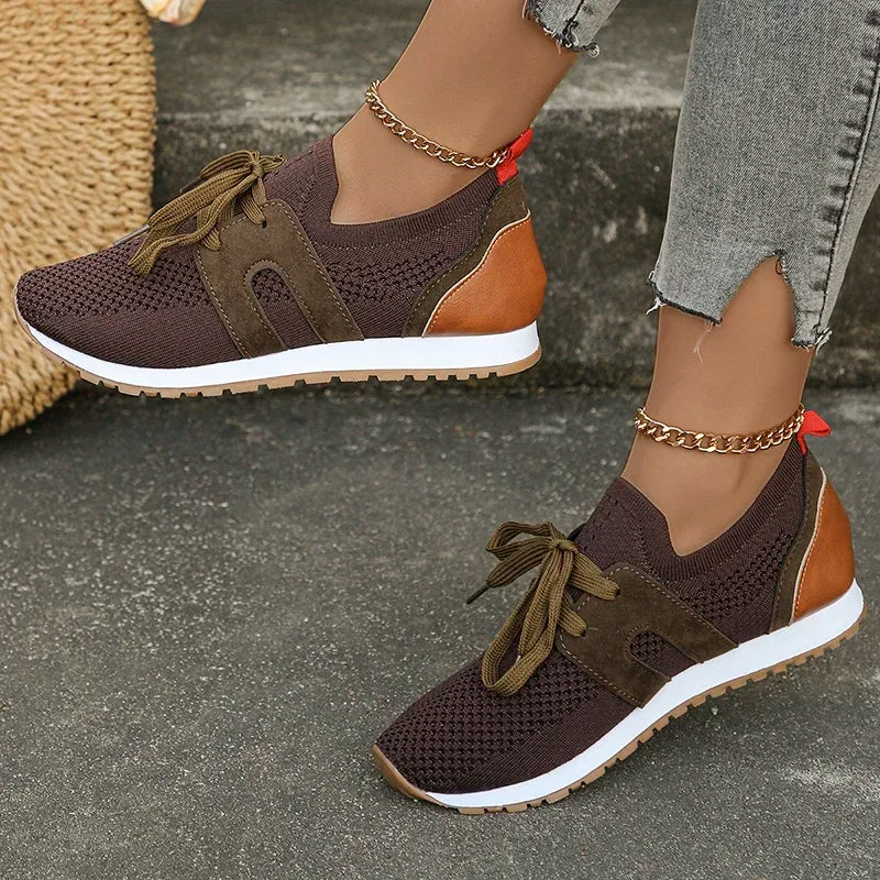 Women's lightweight soft knit lace-up sneakers in neutral tones, breathable flexible upper for all-day comfort