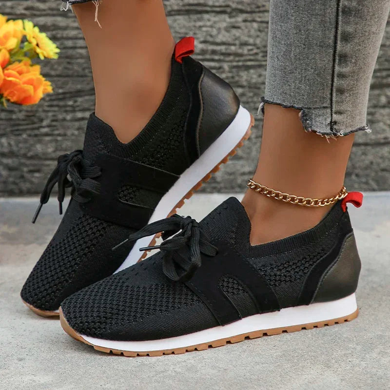 Women's lightweight soft knit lace-up sneakers in neutral tone, breathable flexible upper for all-day comfort