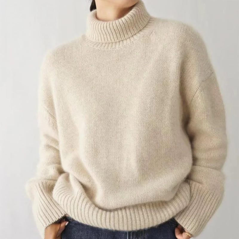 Women's muted toned soft knit turtleneck sweater loose relaxed fit with ribbed edges