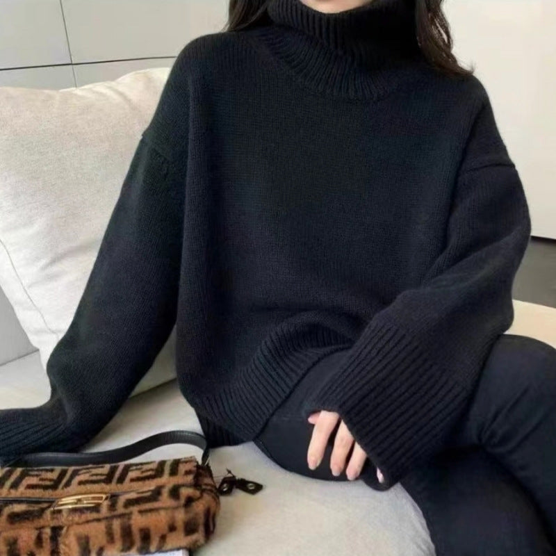 Women's muted loose fit turtleneck knit sweater with ribbed edges, cozy acrylic blend fabric