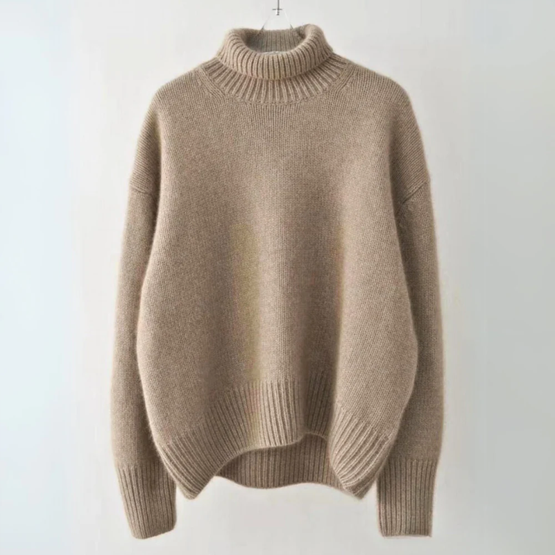 Women's loose fit turtleneck sweater in muted tones with ribbed edges, soft cozy knit fabric