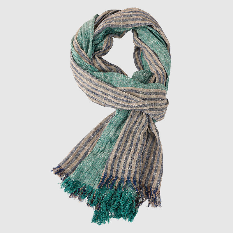 Lightweight striped viscose blend scarf with soft fringed hem, perfect for layering