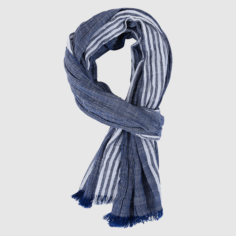 Lightweight striped viscose scarf with soft fringed hem, perfect for layering over shoulders or neck