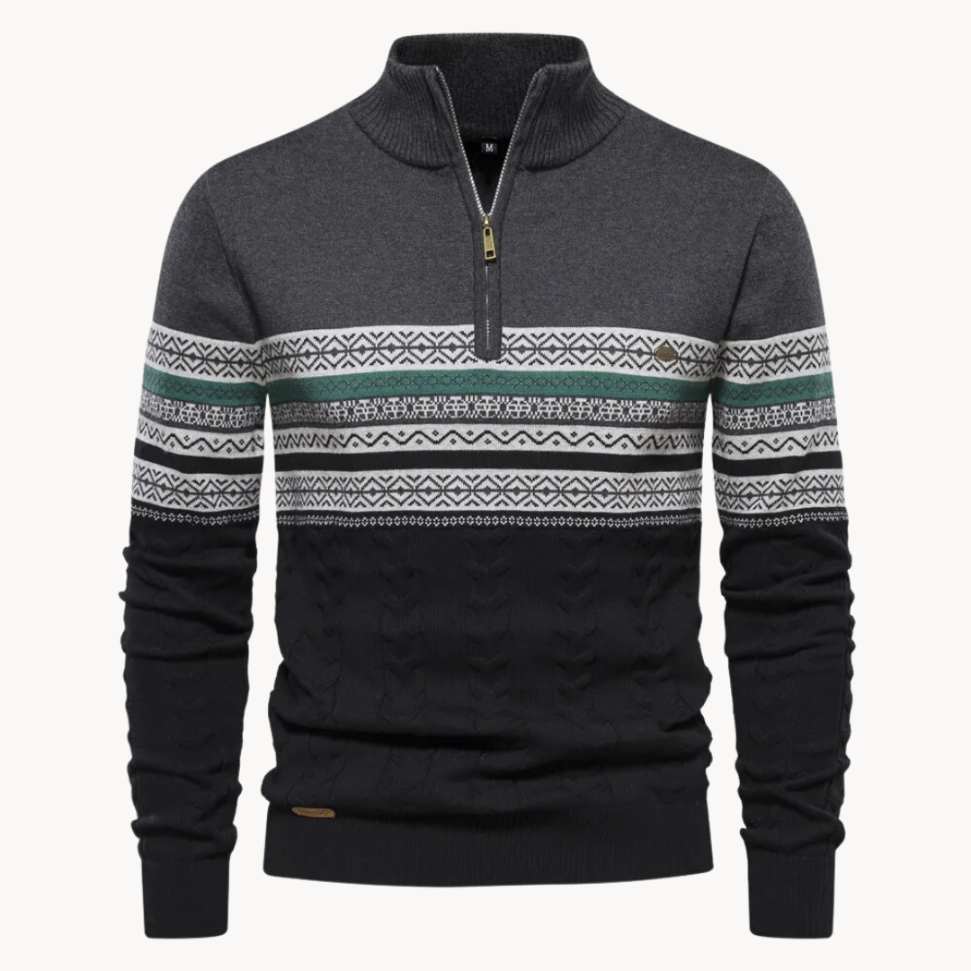 Beige Nordic-pattern pullover zip sweater with cable-knit sleeves and ribbed collar
