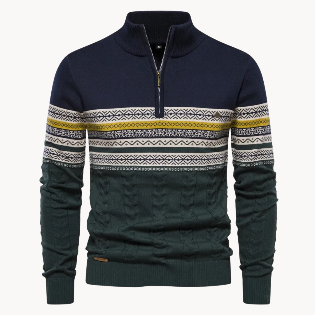 Cozy Nordic-pattern pullover zip sweater with cable-knit detail, ribbed collar, and contrast zip