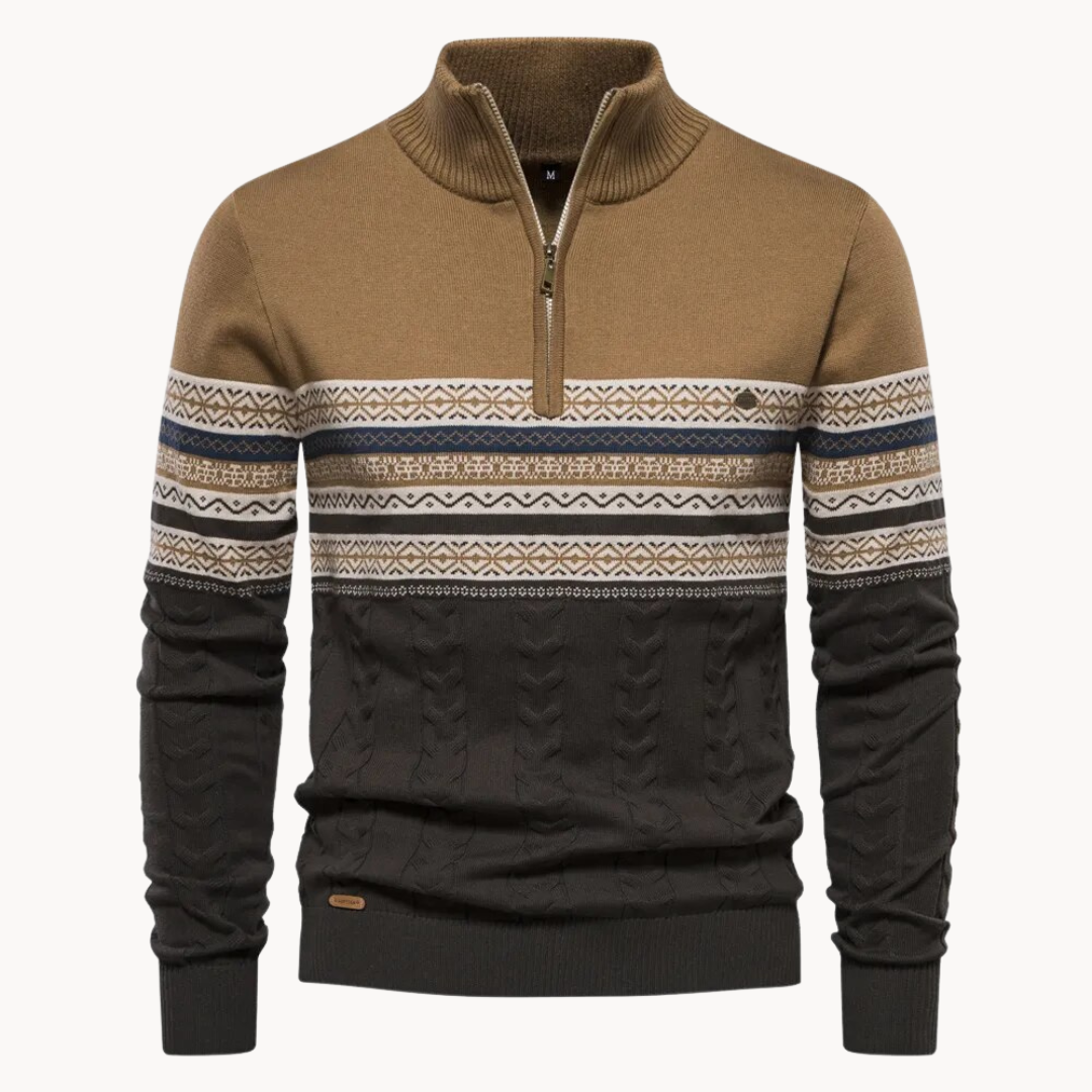 Cream Nordic-pattern pullover zip sweater with cable-knit sleeves and ribbed cuffs