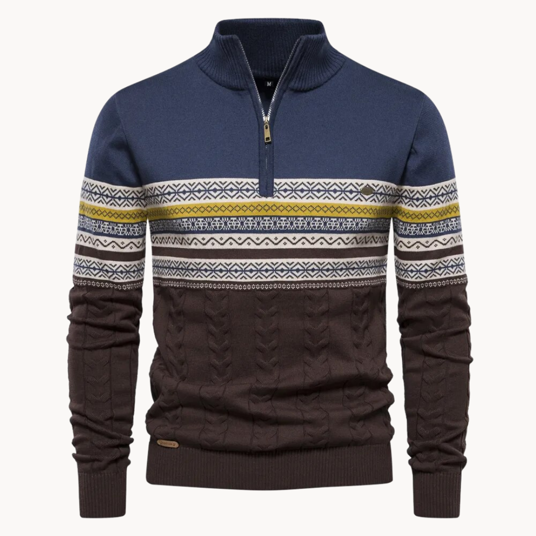Cream Nordic-pattern pullover zip sweater with cable-knit sleeves and ribbed collar