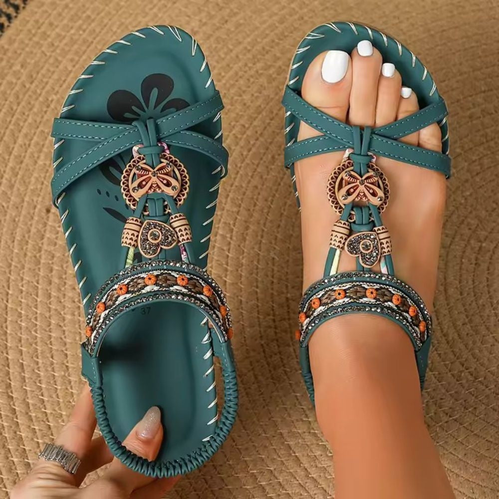 Elara women's boho woven sandals in neutral tones with ergonomic comfort sole and artisanal detail