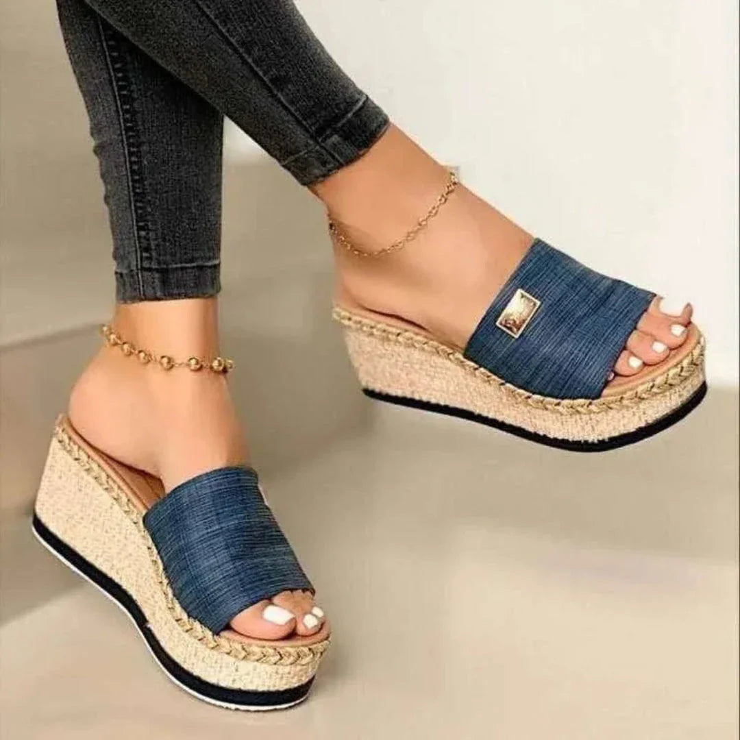 Women's slip-on platform espadrille wedge sandals with woven heel detail and open-toe design