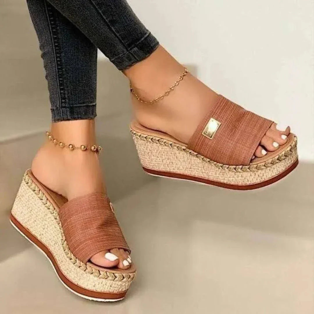 Women's beige slip-on platform espadrille wedge sandals with woven heel and open-toe design