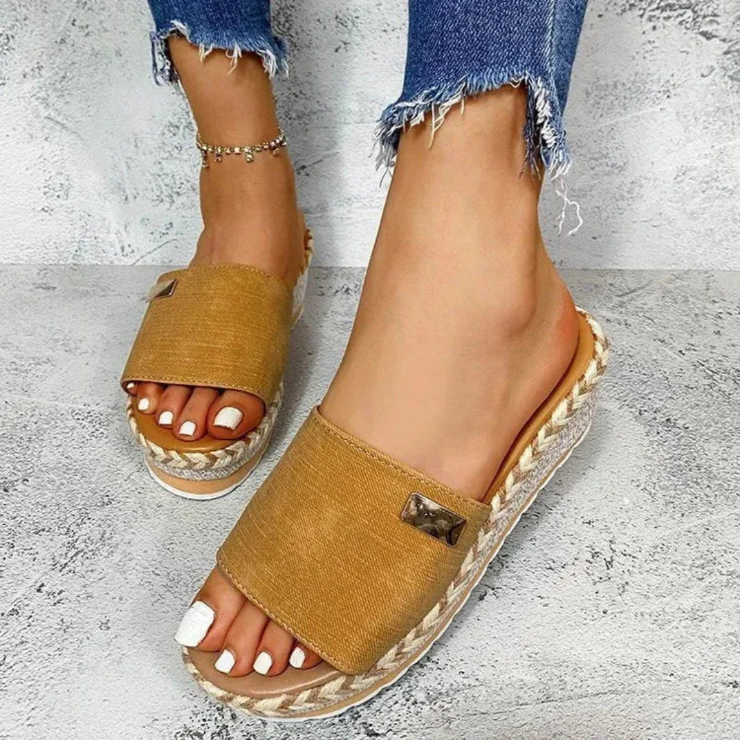 Women's beige slip-on platform espadrille wedge sandals with woven heel and open-toe design