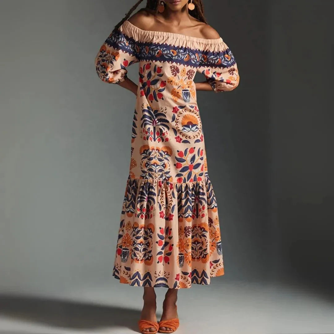 Multicolored floral boho maxi dress with off-shoulder elastic neckline and romantic puff sleeves
