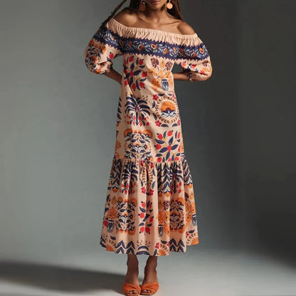 Multicolored floral boho maxi dress with off-shoulder elastic neckline and romantic puff sleeves
