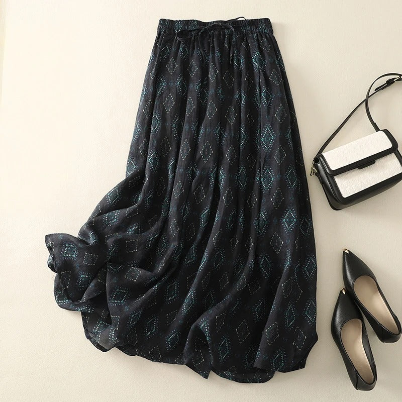 Earthy tone bohemian patchwork skirt full-length flowing silhouette with tie waist