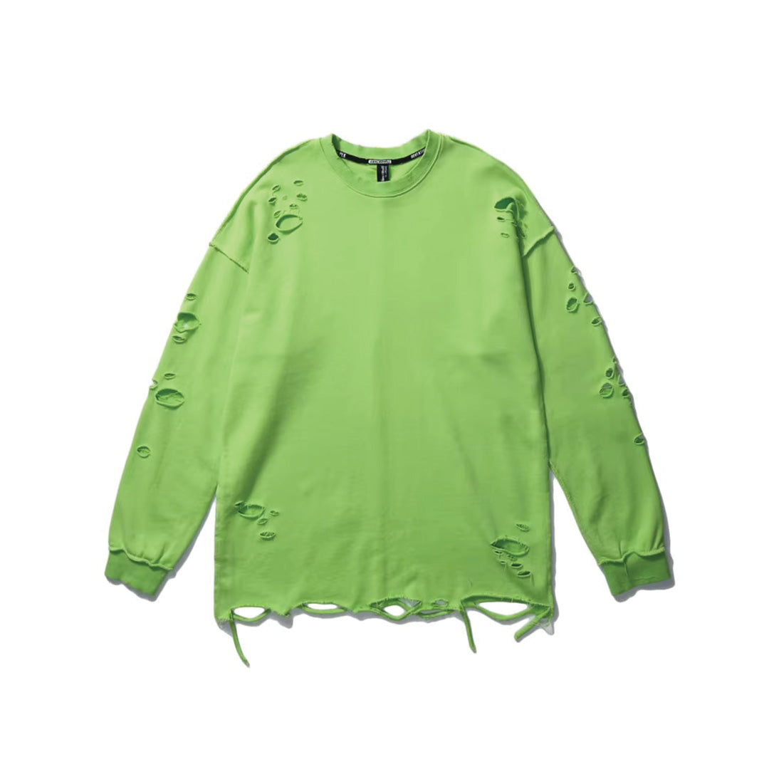 Dune beige distressed loose-fit cotton sweatshirt with ripped patches and worn-in streetwear finish