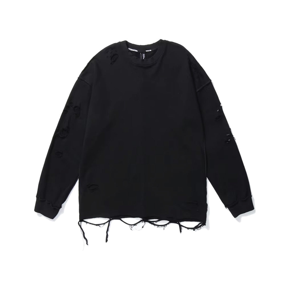 Dune beige distressed loose-fit cotton sweatshirt with ripped patches and worn-in streetwear finish
